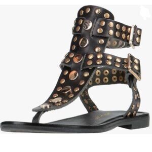 FOWT Black Round Split Toe Sandal Rivet Studded Flat Gladiators Ankle Strap Shoe